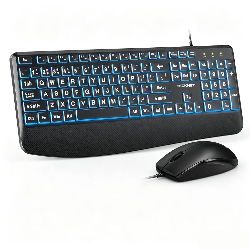 TECKNET Wired Keyboard and Mouse Combo, 7 Color Backlit Large Print Ergonomic Keyboard with Wrist Rest, Soft Typing, USB Plug & Play, Silent Keyboard Mouse Set for PC, Mac, Laptop, Blue