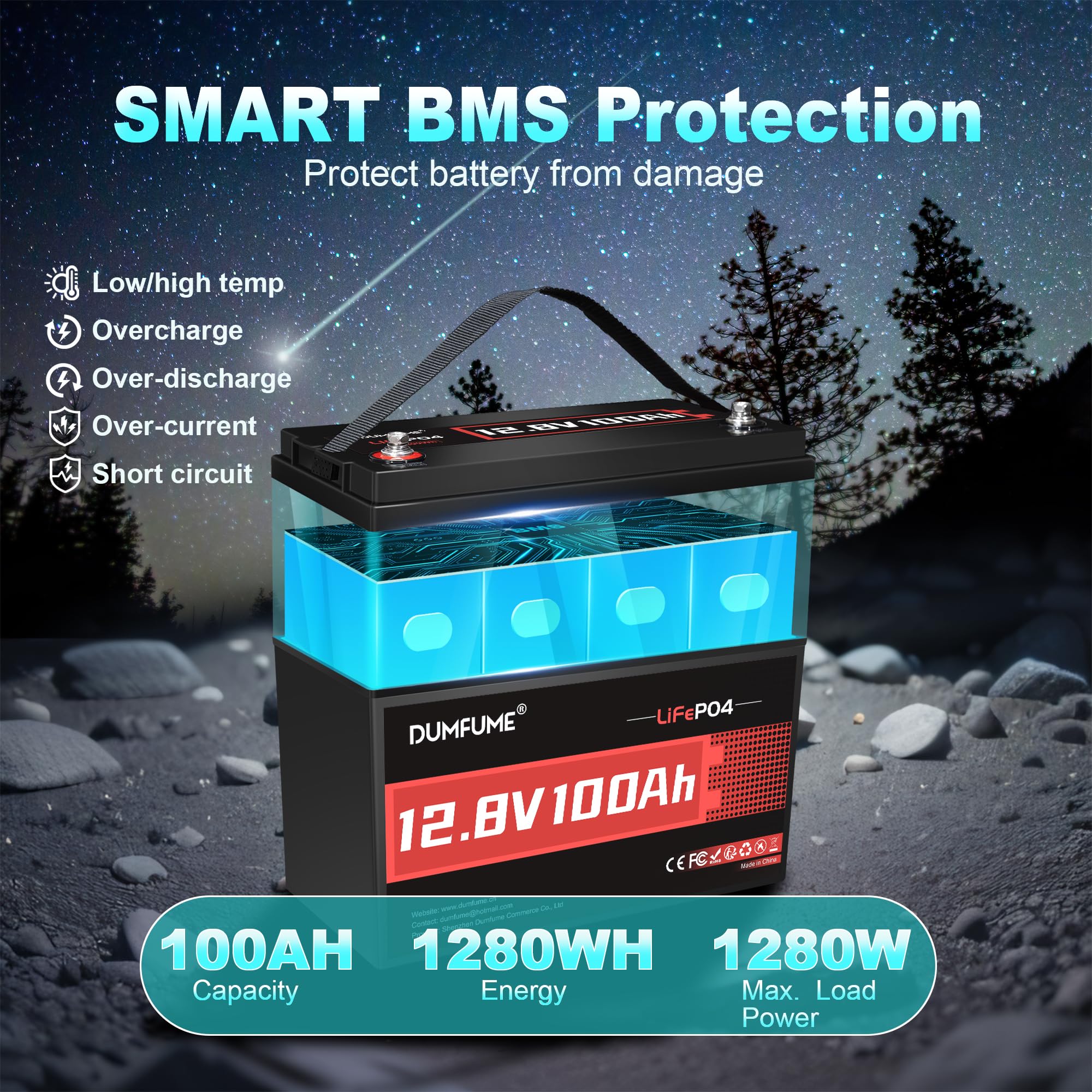 Dumfume 12V 100Ah LiFePO4 Lithium Battery Group 31 Rechargeable Battery
