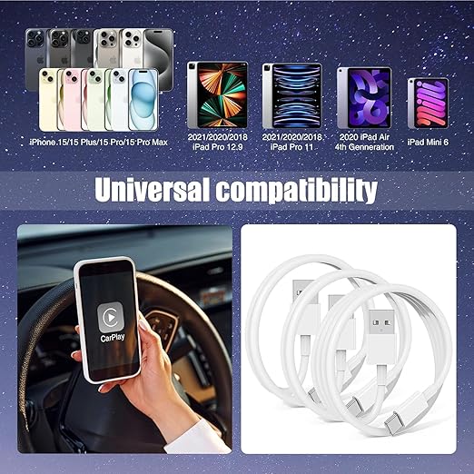 3-Pack 10FT Car Carplay Cable USB A to USB C Cable for iPhone 16 15 Pro Plus Pro Max，for iPad Pro/Air/Mini，for Samsung Galaxy S25/S24/S23，for MacBook Pro/Air and More