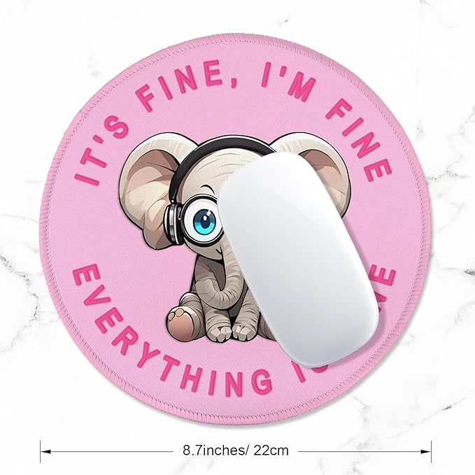 ITNRSIIET Round Mouse Pad with Stitched Edge Premium-Textured Waterproof Non-Slip Rubber Base Desktop Protection Mat Diameter 8.7 inches, Pink Pretty Elephant