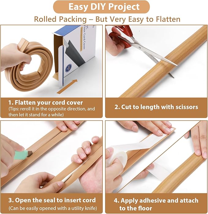 Floor Cord Cover 4ft, Cord Hider Floor Yellow Oak Wood, Cable Management Prevent Trips, Cable Cover Wire Covers for Electric Power Cords, Wire Protector Cavity W0.47in x H0.28in