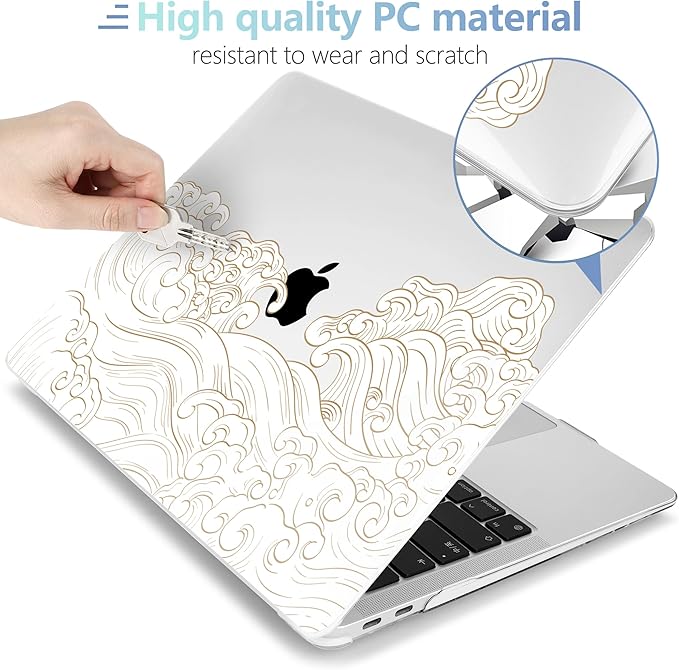 MEEgoodo for MacBook Air 13.3 inch Case 2021 2020 2019 2018 A2337 M1 A2179 A1932, Laptop Shell with Keyboard Webcam Cover & Trackpad Film & Type C Adapter for MacBook Air M1, Hand Drawn Wave