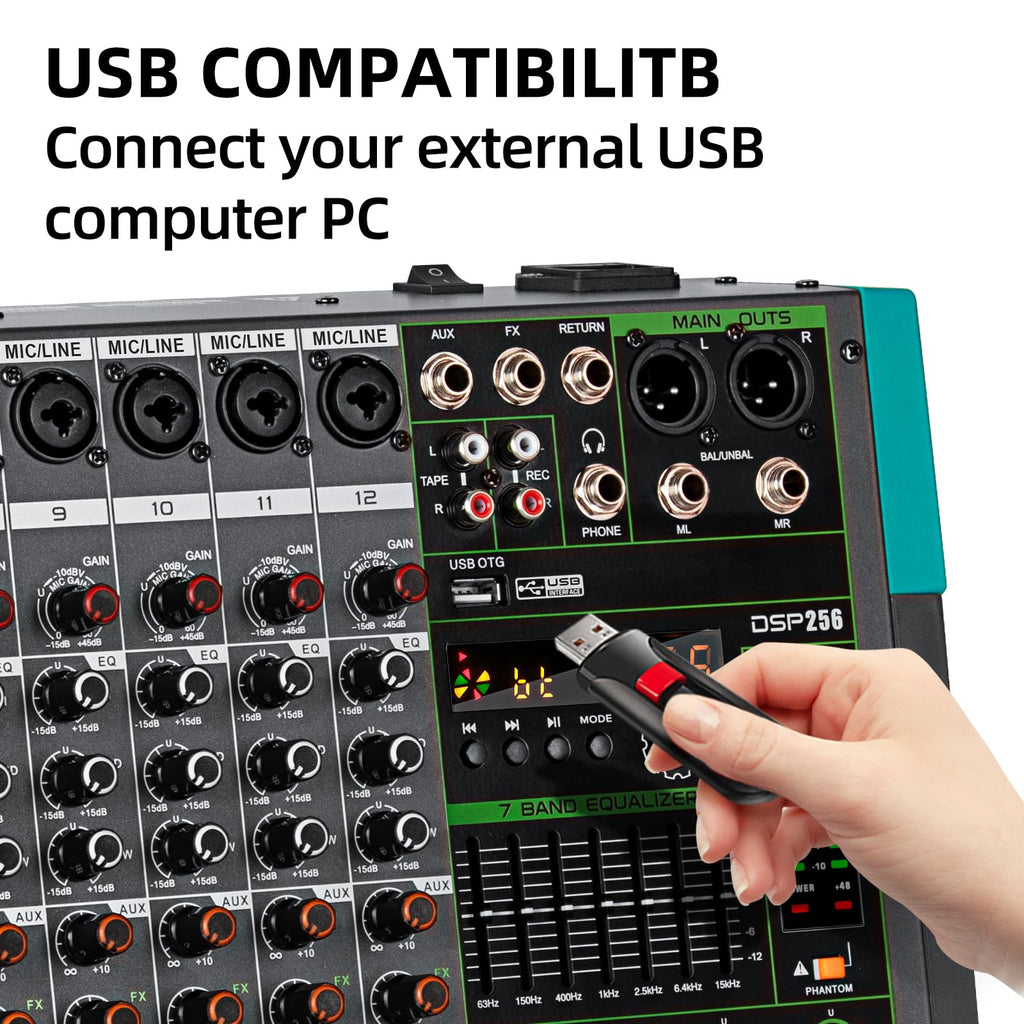 Depusheng PA12 Professional Audio Mixer Sound Board Console Desk System Interface 12 Channel Digital USB Bluetooth MP3 Computer Input 48V Phantom Power Built-in 256 Reverb Effect, Black