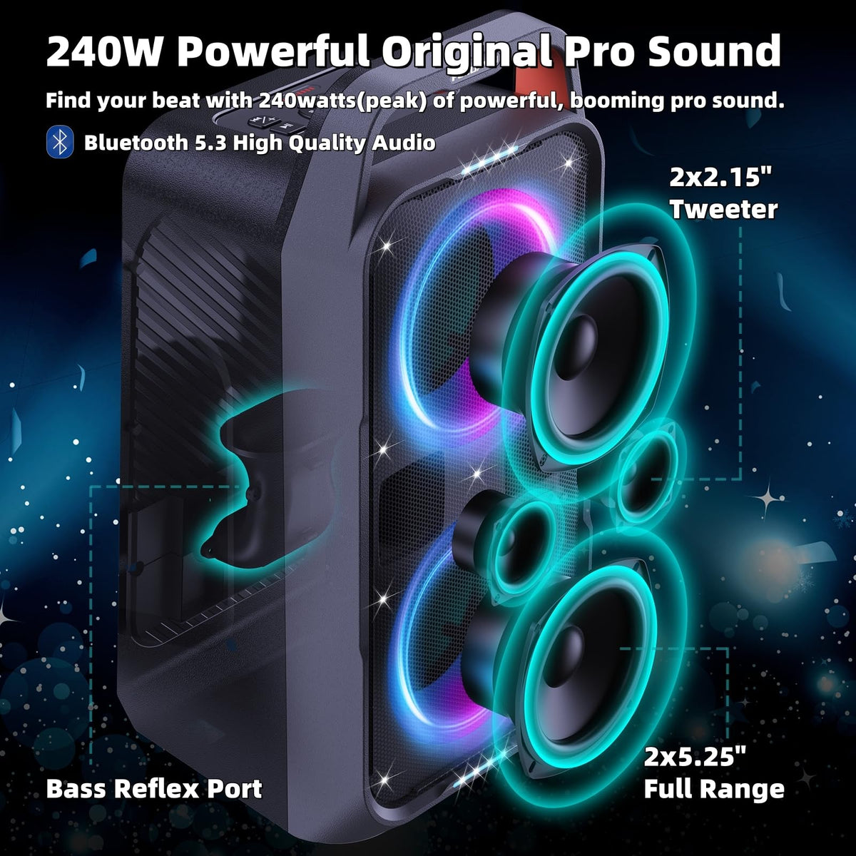 Foxdawn Party Bluetooth Speaker: 240W Peak Loud Sound, Deep Bass, 15H Playtime, Fast Charge, IPX4 Waterproof, TWS, Led Light Show, Large Portable Wireless Speakers for Outdoor, Camping, Backyard, Home