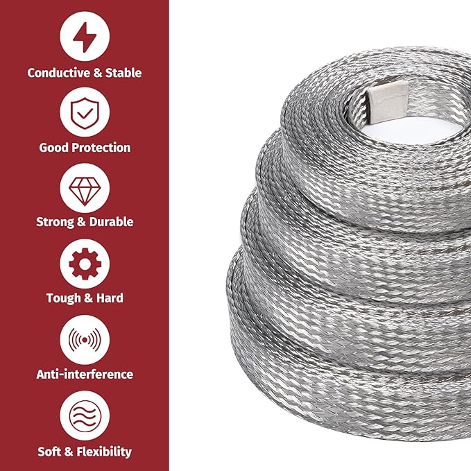 Tinned Copper Metal Braid Sleeving Wire Shielding Sleeve Braided Copper Ground Straps EMI/RFI Interference Expandable Flat Mesh Shielding Cable for Protect Wire (5/16inch-22ft)