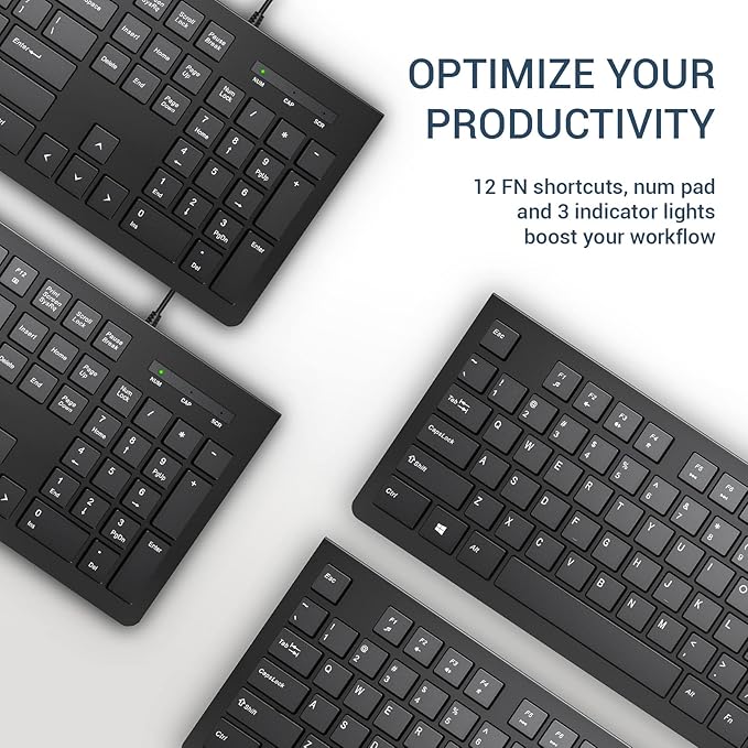 Computer Keyboard Wired, Plug Play USB Keyboard, Low Profile Chiclet Keys, Large Number Pad, Caps Indicators, Foldable Stands, Spill-Resistant, Anti-Wear Letters for PC Laptop (Black, 1-Pack)
