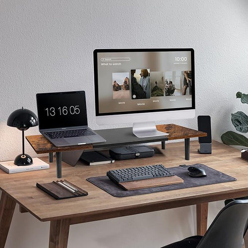 Across-Star Dual-Monitor-Stand-Riser-For-Desk Adjustable Length 32-40 Inch，Large Desktop Computer Monitor Riser For 2 Screens，Desk Shelf Organizer Riser Stand For Computer/Laptop/PC/Printer/TV Black