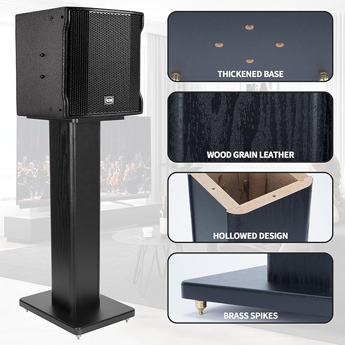 24 Inch Speaker Stands Wood Grain Universal Floor Speaker Stands Pair Heavy Duty Surround Sound Speaker Monitor Stand for Home Theater with Sand Filling Tuning Function - Black