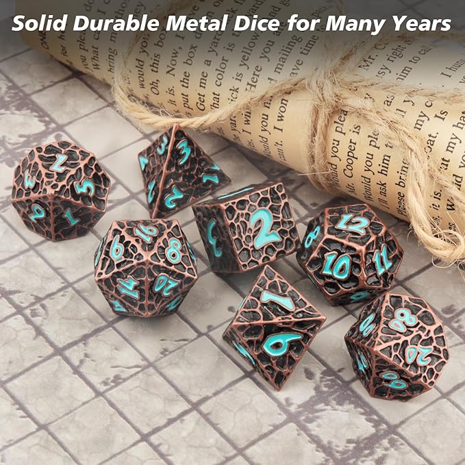 PJOY Metal D&D Dice Set for Dungeons and Dragons Dice with Case Meteorite Copper Blue Numbers 16mm 7PCS Role Playing Cool Dice DND Gifts for Players DM Game Masters