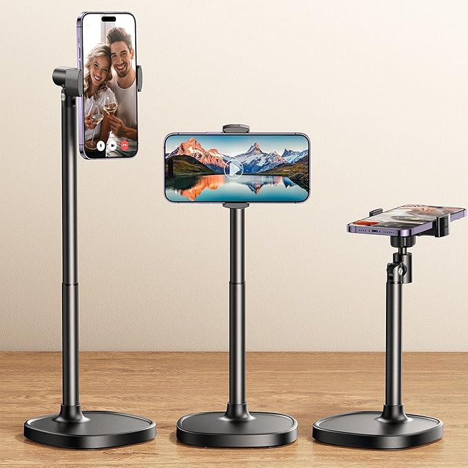 DIMONCOAT Phone Stand for Desk, Angle Height Adjustable Phone Holder for Desk, Aluminum Alloy Universal iPhone Holder, Retractable Cell Phone Stand Recording Office for iPhone 16 15 Pro Max Plus