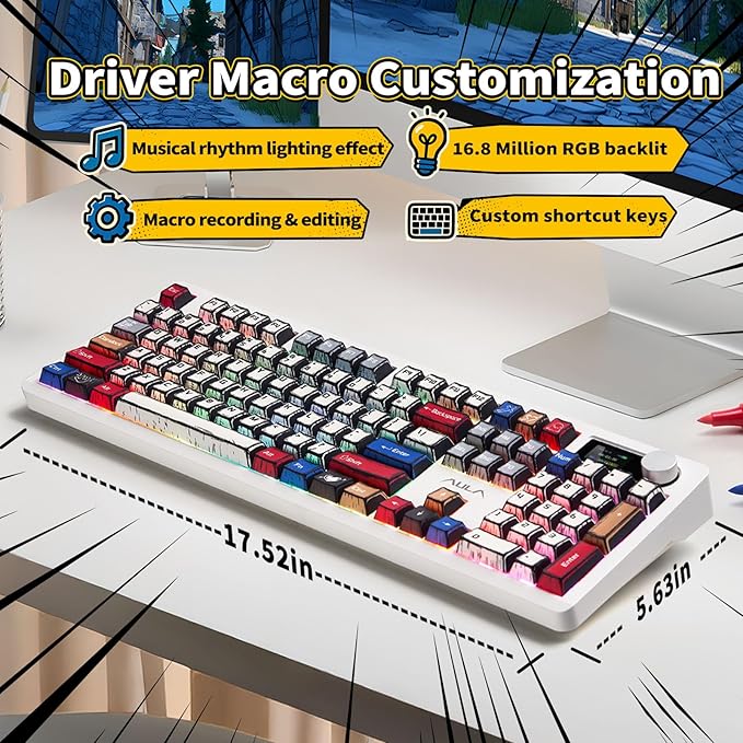 AULA F106 PRO Mechanical Keyboard,Full Size Gaming Keyboard with Hot Swappable Knob & Screen,Tri-Mode RGB Backlit with 8000mAh for PC/Laptop/Windows - Blaze Switch,Comic Mix