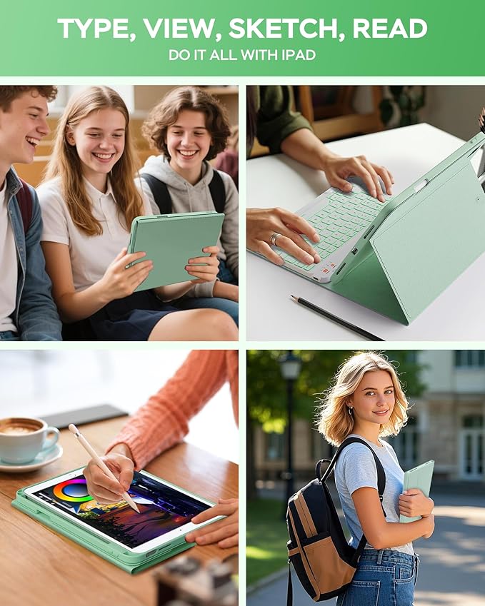 Keyboard Case for iPad 9th 8th 7th Generation Case 10.2" - 7 Colors Backlit Detachable Folio Keyboard Cover with Pencil Holder for iPad Pro 10.5" / iPad Air 3rd Gen (Green)