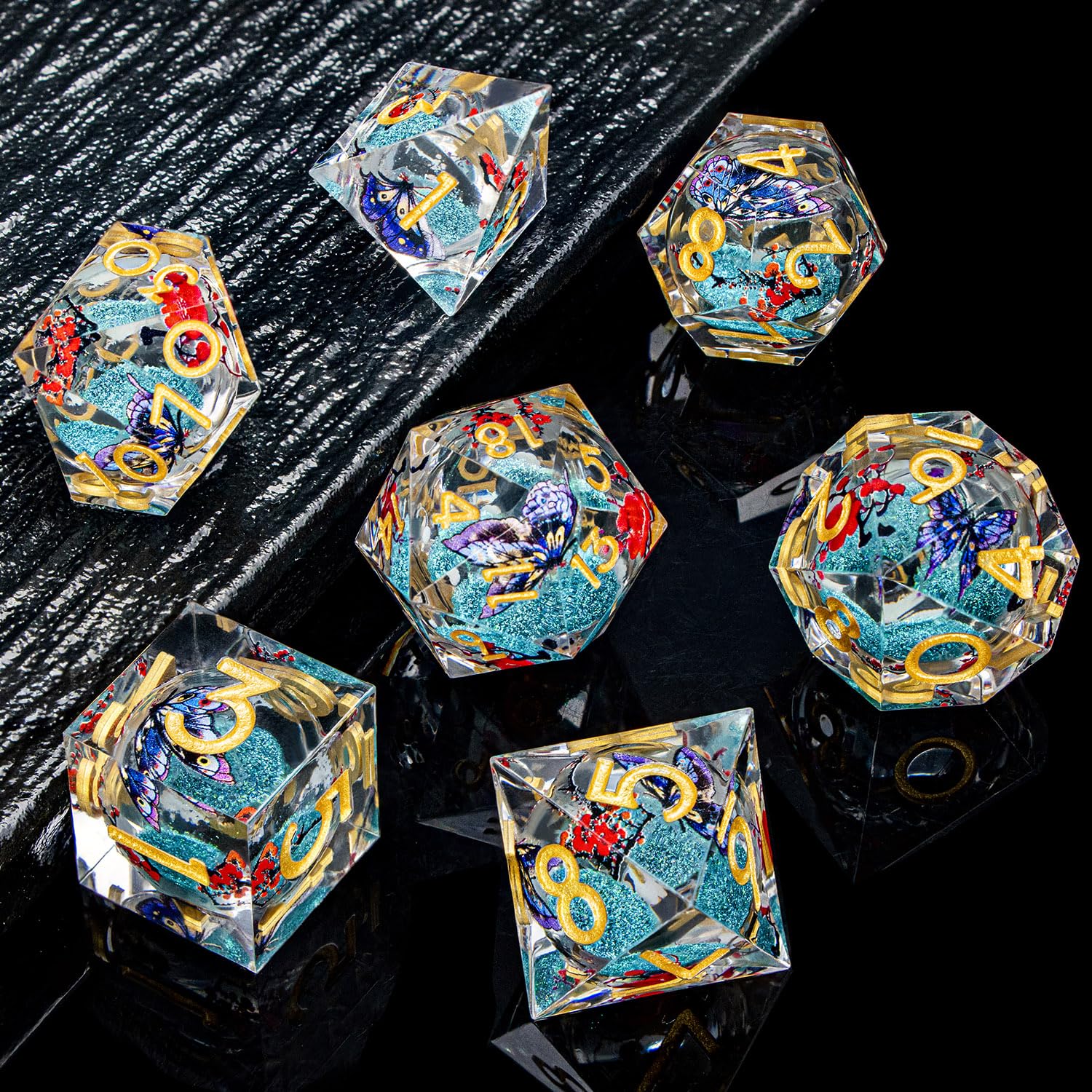 ORIFANTOU Butterfly DND Dice Blue Liquid Core Dice Set with Metal Box, Handmade Sharp Edge D and D Polyhedral Dice for use with D&D Role Playing Game, D20 D12 D10 D8 D6