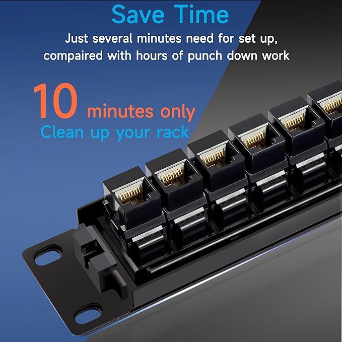 24 Port RJ45 Patch Panel Cat6 Feed Through, Coupler Network Panel 19 Inch, Inline Keystone Ethernet Patch Panel with Back Bar