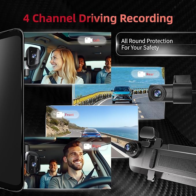 2025 Rearview Mirror Camera for Cars,12'' Mirror Dash Cam 4 Channel, 360 Dashcam Front Rear Inside,Touch Screen Backup Camera,IR Night Vision,WiFi,APP,GPS, 24/7 Recording Parking Monitor,Free 128GB SD