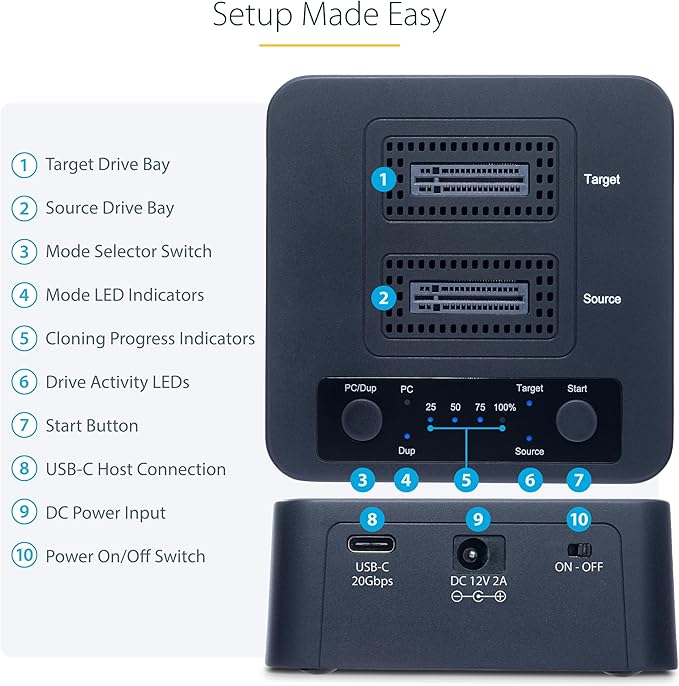 StarTech.com 1:1 M.2 NVMe Drive Duplicator, 90GBpm Standalone M.2 SSD Cloner/Copier, USB-C 3.2 20Gbps M.2 Dual-Bay Drive Dock