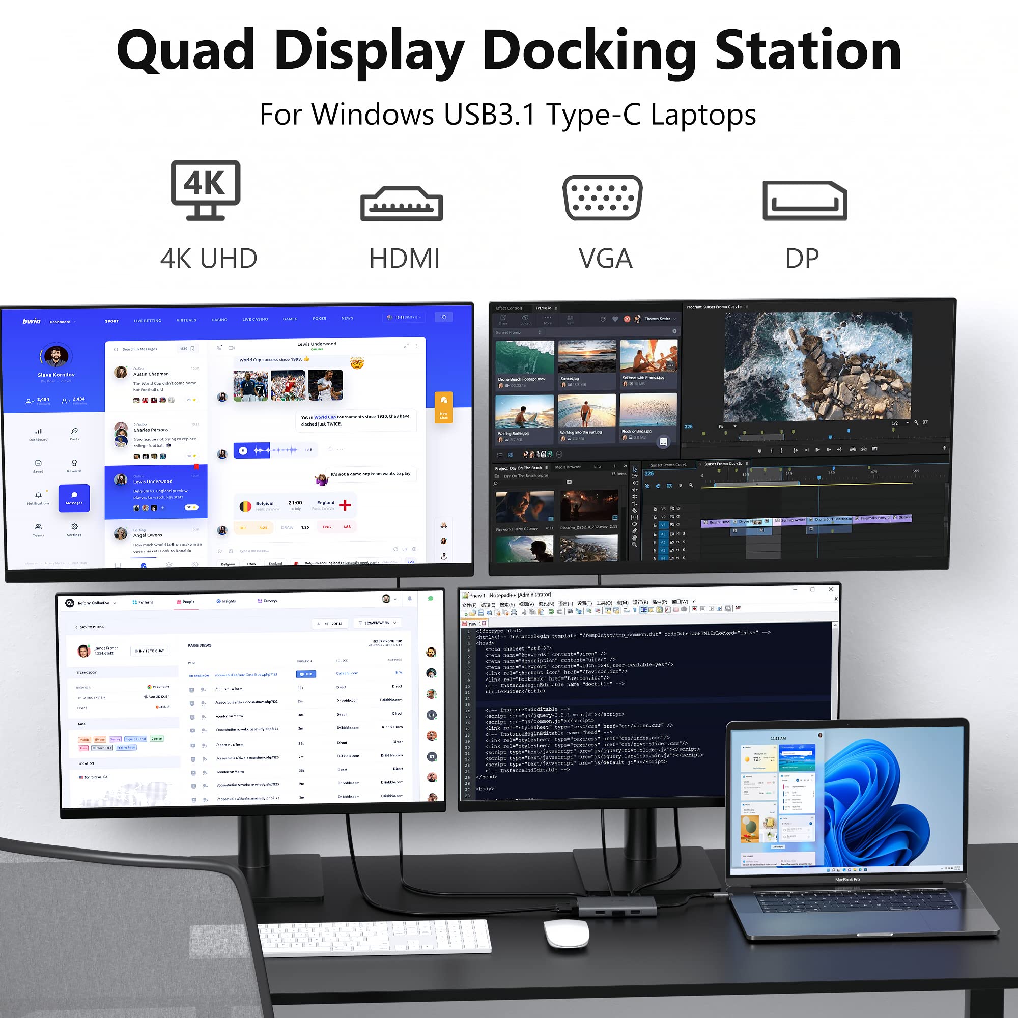 USB C Docking Station Dual Monitor Computer Multiple Monitor Hub Adapter