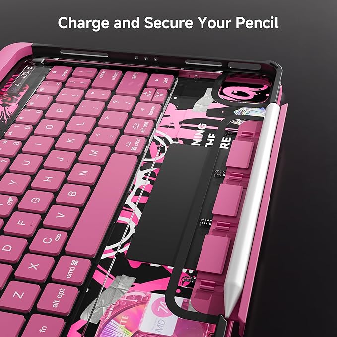 Keyboard Case for iPad 11 inch Pro 4/3/2/1st Gen & 11’’ iPad Air 2025 M3, 2024 M2 & 10.9" iPad Air 5th/4th Gen, 360° Rotating Stand Transparent Protective Cover with Pencil Holder (Pink)