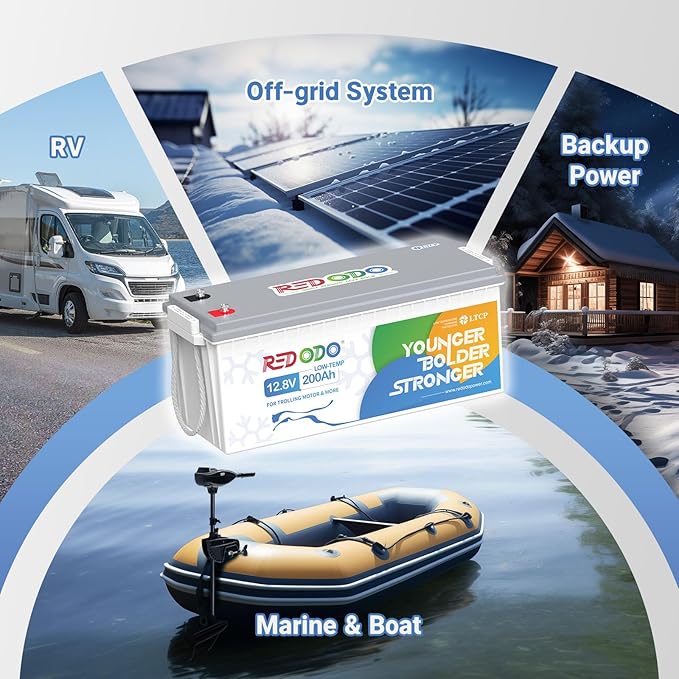 Redodo 12.8V 200AH Low Temp Cutoff LiFePO4 Battery with 100A BMS, Deep Cycle Rechargeable Lithium Battery 1280W 4000+ Cycles, Perfect for Trolling Motor, RV, Solar and Off Grid Applications