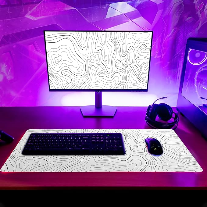 Topographic Contour White Gaming Mouse Pad XL Geographic Map Lines Extended Big Large Desk Mat Non-Slip Rubber Base Stitched Edge Long Keyboard Mousepad for PC Computer Laptop,31.5x11.8 Inch