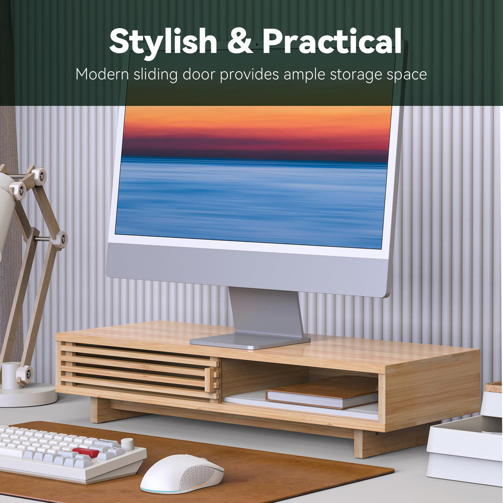 WELL WENG 25" Monitor Stand with Sliding Doors Desk Shelf Bamboo