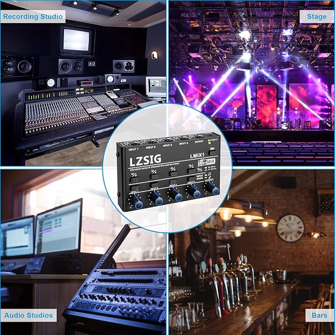 LZSIG Mini Audio Mixer, Stereo Line Mixer for Sub-Mixing, Ultra Low-Noise, 4-Channel, Dynamic Microphone Independent Control, 1/4" & 1/8" TRS Output and Input for Guitars,Bass,Keyboards