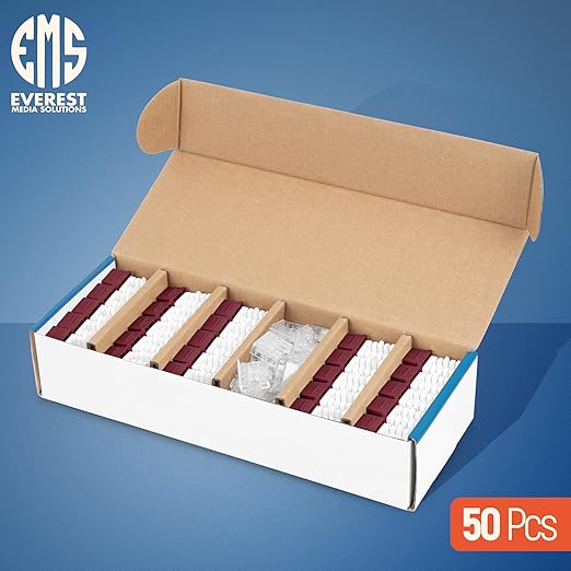 Everest 90° Angled RJ45 Cat6 Keystone Jacks 50-Pack in Red - Slim Profile Female RJ45 Connectors - Cat 6 Keystone Jack - Compatible with 90° Angled Speed Termination Tool - easyJACK (B094WB91H3)