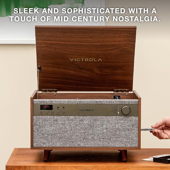 Victrola Century 6-in-1 Vinyl Record Player & Music Center – 3-Speed Turntable, CD & Cassette Player, VINYLSTREAM, Bluetooth & 3.5mm Aux, Record Player with Speakers, Mid Century Design (Black)