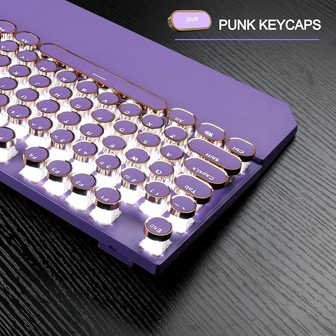 MageGee Typewriter Mechanical Gaming Keyboard, Retro Punk Purple Round Keycaps, 104 Keys LED White Backlit Wired Keyboards for Laptop MAC PC Gamer, with Magnetic Wrist Rest, Blue Switch