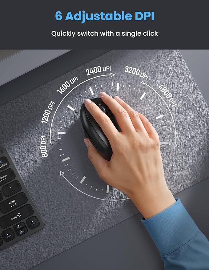 TECKNET Ergonomic Mouse, Bluetooth Wireless Vertical Mouse, Rechargeable Battery, Quiet Clicks, 4800 DPI Adjustable, BT5.0/3.0 & 2.4G Connect, Easy to use, Wide Compatibility - Black