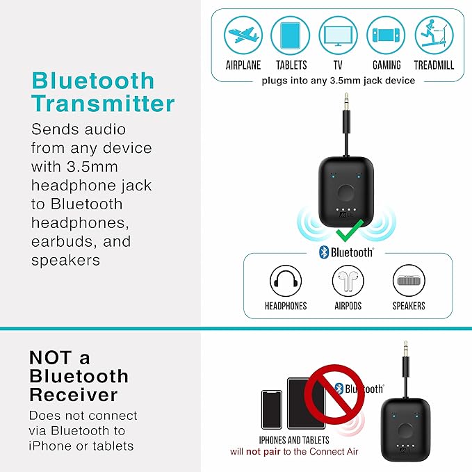MEE audio Connect Air in-Flight Bluetooth Wireless Audio Transmitter Adapter for up to 2 AirPods/Other Headphones; Works with All 3.5mm Aux Jacks on Airplanes, Gym Equipment, TVs, & Gaming Consoles
