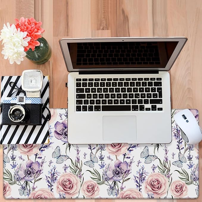 Gaming Desk Pad Large Extra Length Lavender, Roses and Anemone Mouse Pad Keyboard Laptop Non-Slip Waterproof with Rubber Base Thick Stitched Edge Mouse Mat for Office Home 35.4 x 15.7 Inches