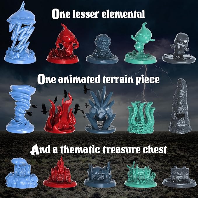 Underdusk: Elemental Encounters - 35 Unpainted Tabletop Miniatures for D&D, Pathfinder & RPGs | Includes Fire, Ice, Water, Air, and Earth Elements with Stat Blocks
