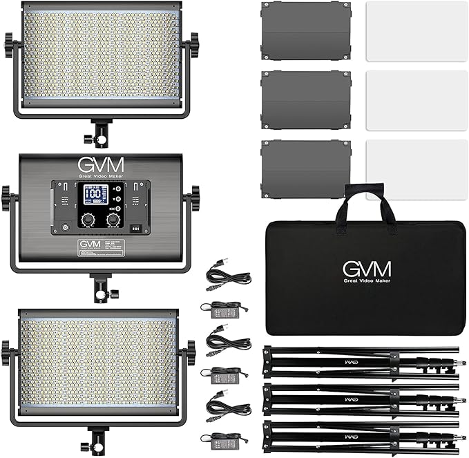 GVM 65W RGB Video Light with Bluetooth Control, 1300D LED Video Lighting Kit, 25000lux/0.5m, 360° Full Color Photography Lighting Kit, 3 Packs Led Panel Light for YouTube, Web Conference, Streaming