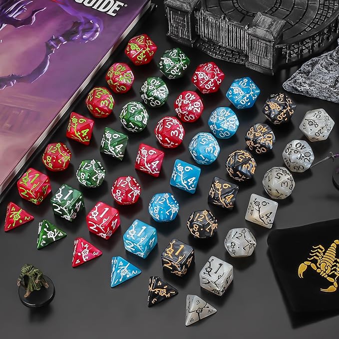 CiaraQ Polyhedral Dice Set (42pc) with 6 Drawstring Dice Pouches for Dungeons and Dragons RPG MTG Table Games. 6 Sets of Plum Blossom Pattern Role Playing Dice