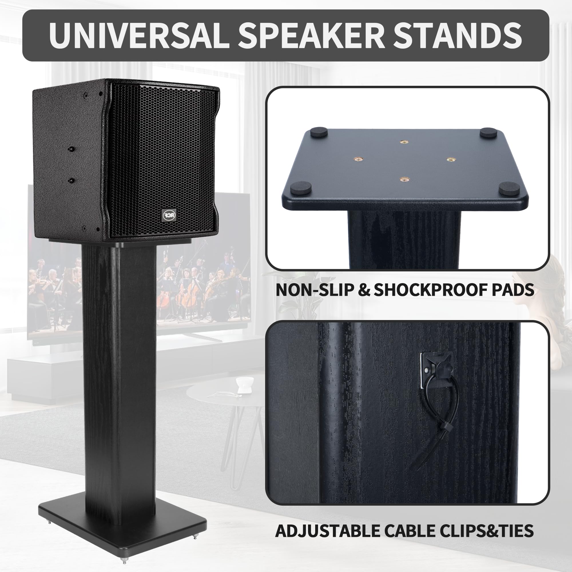 bimiti 24 Inch Speaker Stands Wood Grain Universal Floor Speaker Stands Pair Heavy Duty Surround Sound Speaker Monitor Stand for Home Theater with Sand Filling Tuning Function - Black