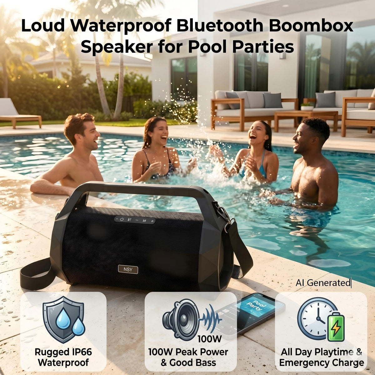 NSY Audio Portable Bluetooth Speaker, IP66 Waterproof/Dustproof