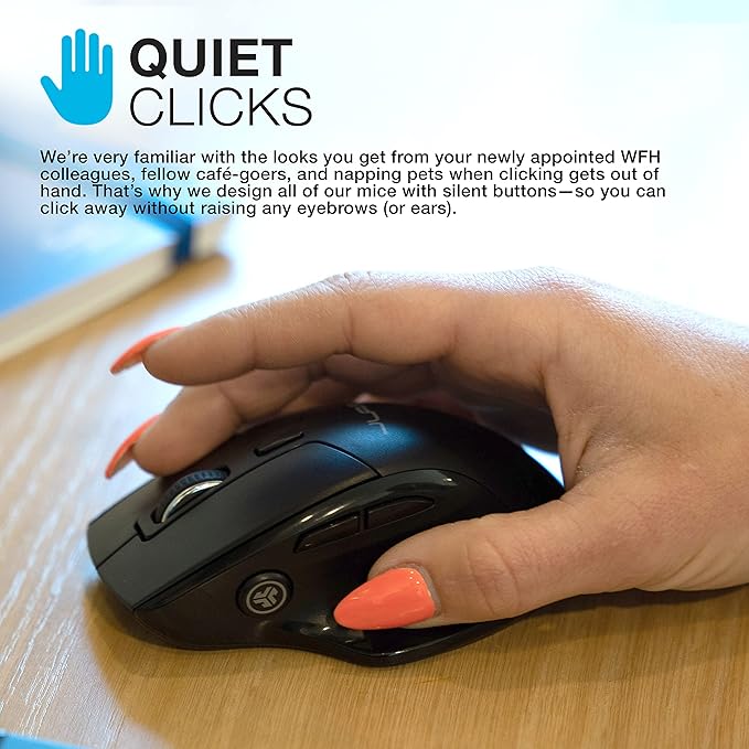 JLab JBuds Wireless Mouse, Connect Via Bluetooth or USB Wireless Dongle, Multi-Device Toggle, Up to Three Devices, Custom User Profiles, Adjustable Tracking, Full-Size, Rechargeable, (1 Pack)