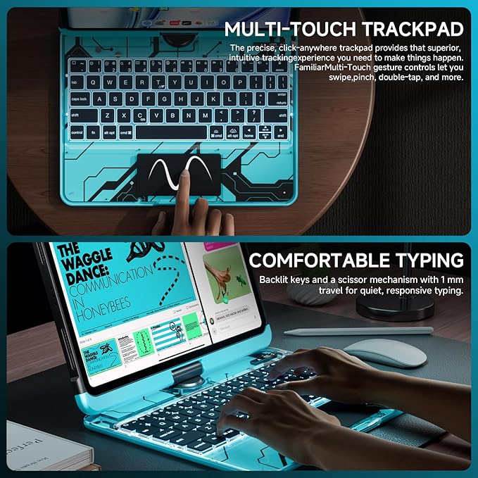 Transparent Case with Keyboard for 2024 iPad Pro 11-inch (M4),with 7-Color Backlit Wireless Keyboard, 360°Rotatable Protective Case Multi-Touch Trackpad,with Pencil Holder,with Shortcuts,Blue