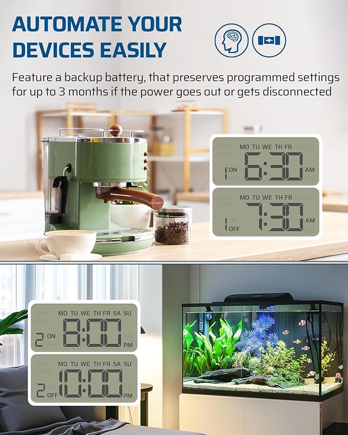 DEWENWILS 8 Outlet Power Strip with Timer (4 Timed/4 Always On), Indoor Digital Timer Outlet for Reptile Light, Turtle Grow Light, Bearded Dragon Tank, Aquarium, 6ft Flat Plug Cord, 15A, UL Listed