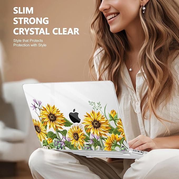 Case for MacBook Air 15 Inch 2025 2024 2023 Release M4 A3241 M3 A3114 M2 A2941, Hard Shell with Screen Protector & Keyboard Cover, Compatible with Touch ID, Sunflowers
