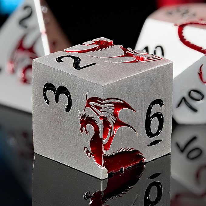 Metal Dice Set D&D, HNCCESG Polyhedral Dice 7 Piece Dice Dragon Metallic DND Dice Set for Dungeons and Dragon RPG Tabletop Game(Matte Silver Red Dragon)