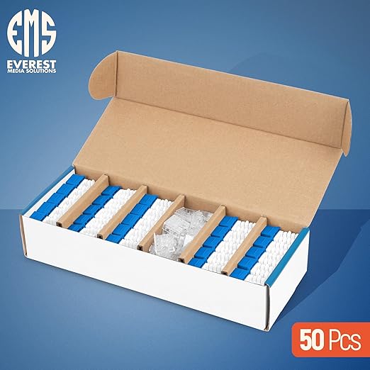 Everest 90° Angled RJ45 Cat6 Keystone Jacks 50-Pack in Blue - Slim Profile Female RJ45 Connectors - Cat 6 Keystone Jack - Compatible with 90° Angled Speed Termination Tool - easyJACK (B094WB91H3)