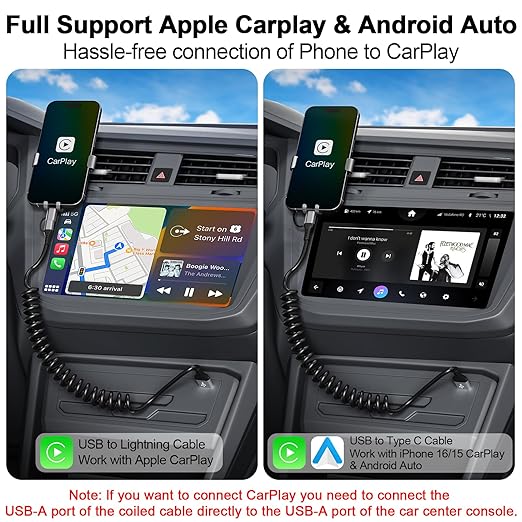 USB to USB-C and Lightning Cable Combo, 2 in 1 Coiled iPhone Charger Cable Apple Carplay & Android Auto, [MFi & 3A Fast Charge] Retractable Lightning and USB C Cable Cord for iPhone 16/15/14/Android