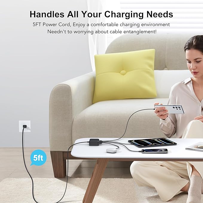 USB C Fast Charger, 100W GaN 6 Port Type USB C Charging Station Hub Block Cube, Wall Charger Power Strip Adapter Plug for iPad iPhone 16 15 14 13 12 Pro Max Pixel Note Galaxy, 5ft Cord