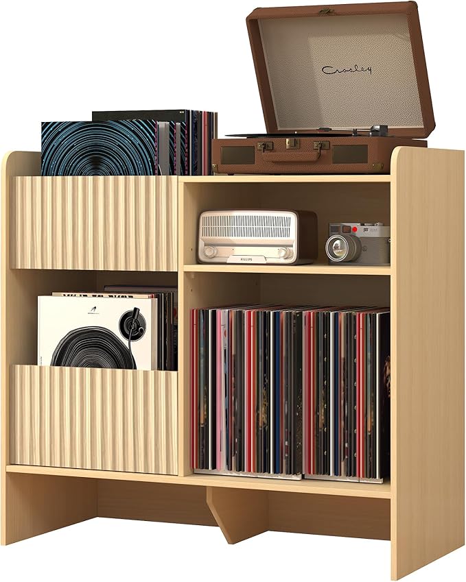 Record Player Stand with Vinyl Storage - Mid Century Modern Turntable Stand with Adjustable Shelves & Cable Hole, Record Player Table with 4 Cubes for Living Room, Bedroom, Oak