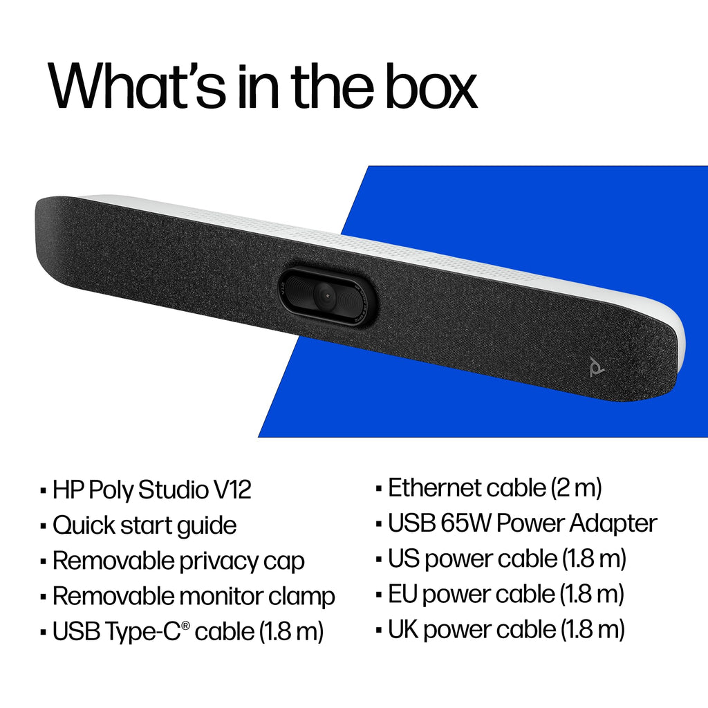 Poly Studio V12 – USB Video Bar for Small Rooms - 4K 20MP Camera, AI-Enhanced Audio, Noise Cancellation, Poly Lens Management - Microsoft Teams, Zoom & Google Meet Compatible - Thoughtfully Made