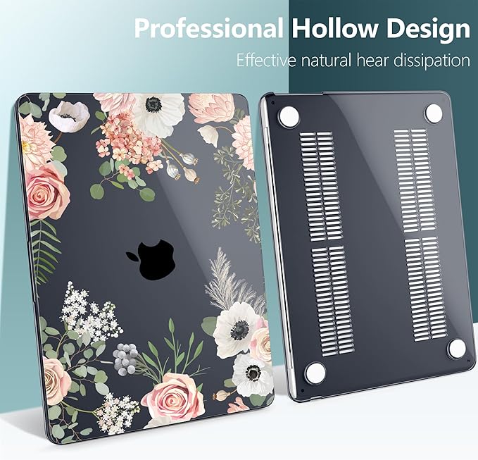 TWOLSKOO Compatible with M4 MacBook Air 13.6 inch Case 2025-2022 Release M4 A3240 M3 A3113 M2 A2681, Plastic Hard Shell & Keyboard Cover & Type C Adapter & Screen Protector, Rose Flower