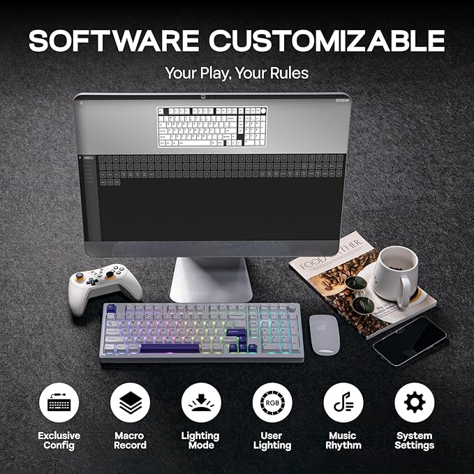 EPOMAKER Galaxy100 QMK/VIA Wireless Mechanical Keyboard with 8000mAh Battery and Numpad, CNC Aluminum, Full Size Gaming Keyboard, USB-C/BT5.0/2.4Ghz (White Purple, Wisteria Linear Switch)