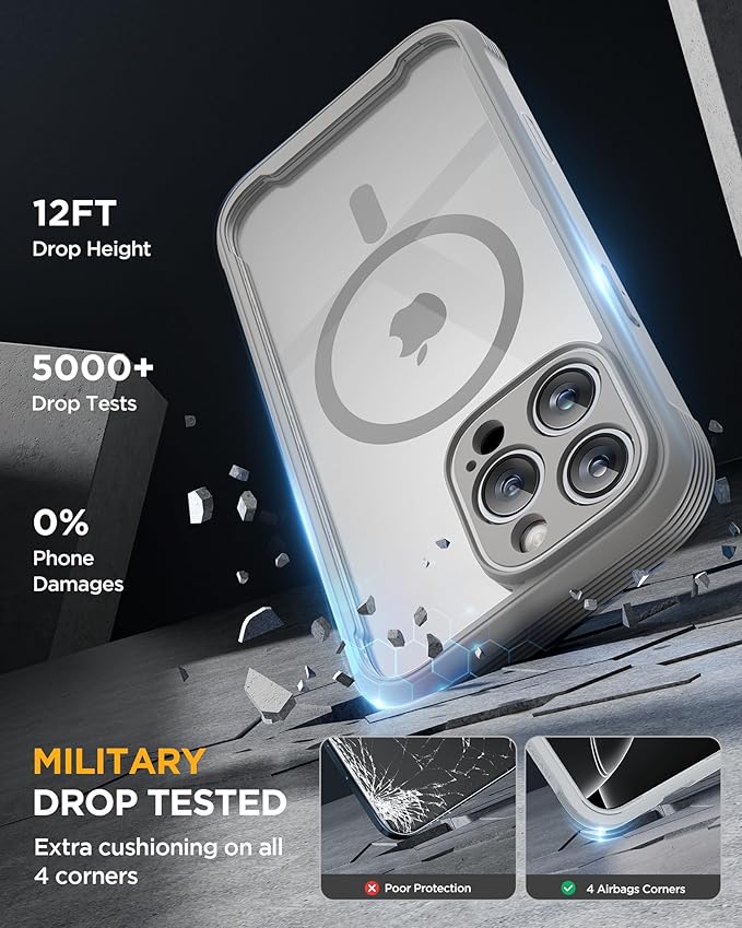 Miracase for iPhone 16 Pro Case Full-Body Phone with Built-in Glass Screen Protector, [Compatible with MagSafe] Military Drop Proof 16 Pro Cover Bumper 6.3 inch, Grey